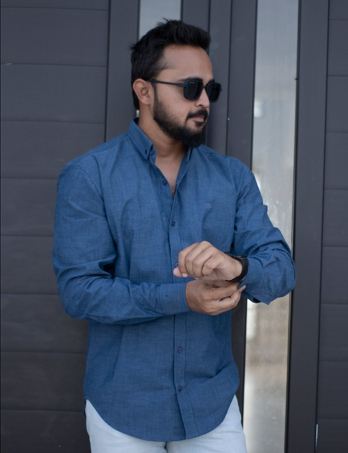 COTTON LINEN BUTTON DOWN SHIRT - INDIGO BLUE