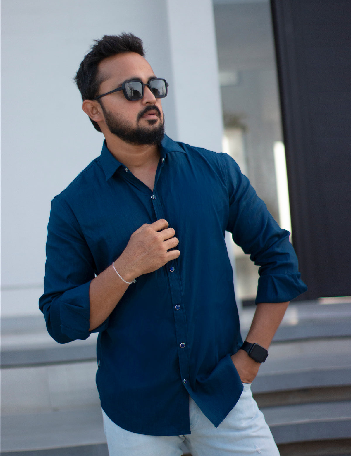 STRETCHED FABRIC BUTTON DOWN SHIRT - NAVY