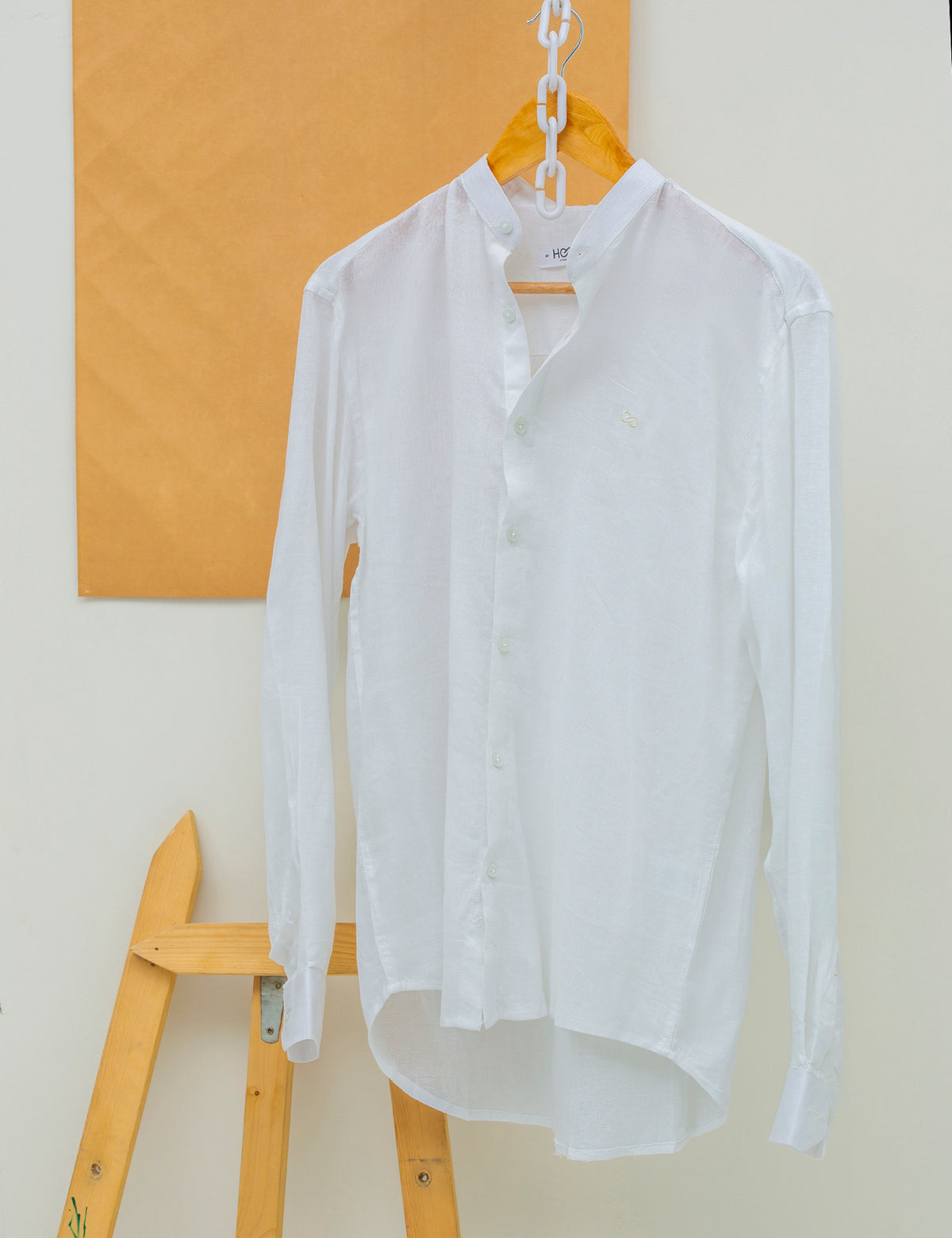 COTTON LINEN MANDARIN COLLAR SHIRT - WHITE